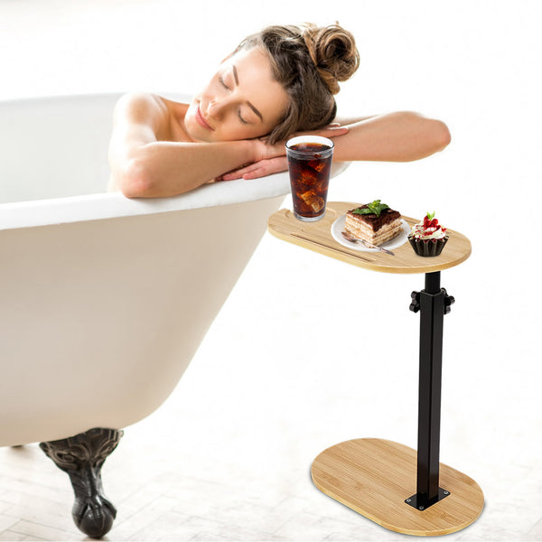 Adjustable Bamboo C-Shaped Bathtub Side Table