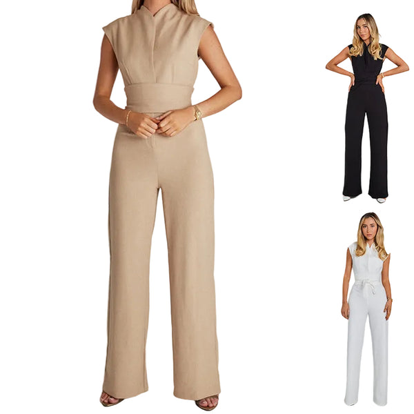 Structured Sleeveless Wide-Leg Jumpsuit | V-Neck High-Waist Overalls