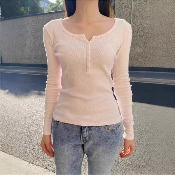 Six-button Crew-neck Ribbed Long-sleeve T-shirt