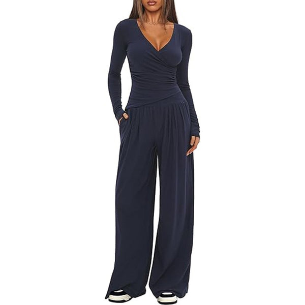 2 Pieces V Neck Long-sleeve Sportswear Top And Wide-leg Pants