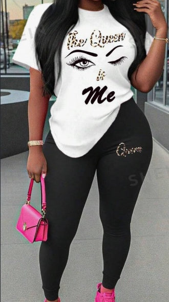 Face & Letter Print 2-Piece Set | Short Sleeve Top + Long Pants