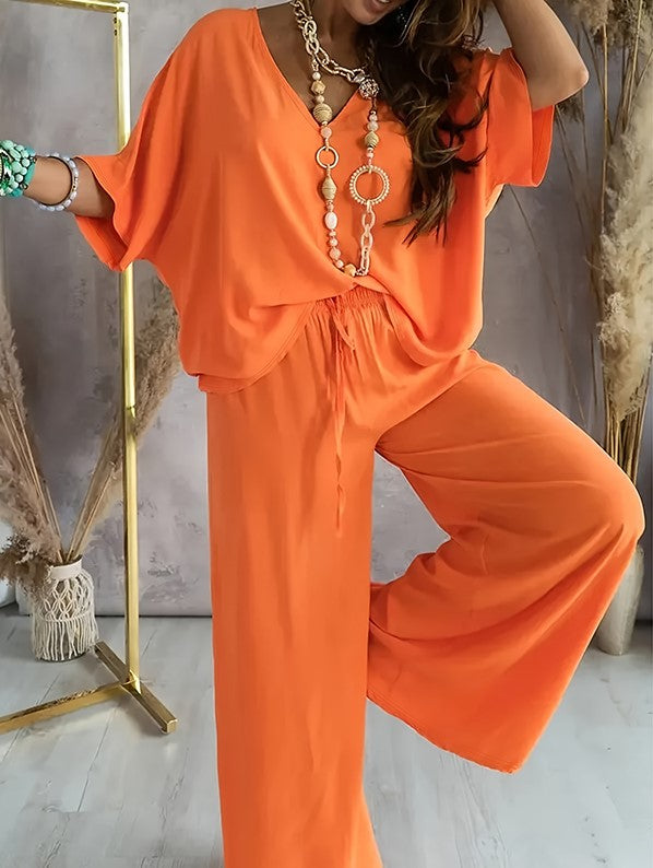 V-Neck Wide Leg Pants Lounge Set
