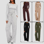 2 Pieces Women's Suit Autumn Winte Long Sleeve Tops High Waisted Wide Leg Pants Sportswear Female Clothes Solid Color Casual Suit thumbnail 4