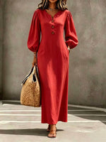 Women's Puff Sleeve V-Neck Maxi Dress | A-Line Button Detail thumbnail 10