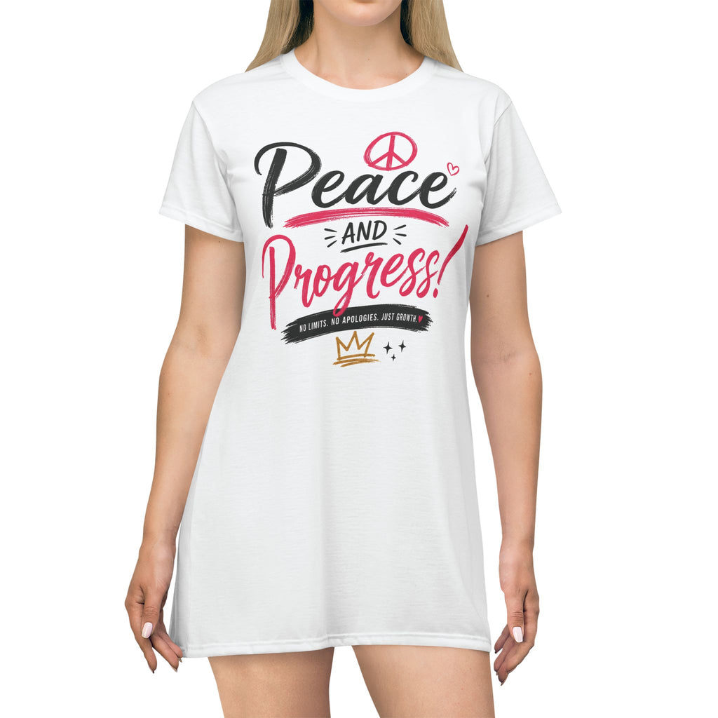 Peace and Progress T‑Shirt Dress — Women's Graphic Tee Dress with Inspirational Peace Design