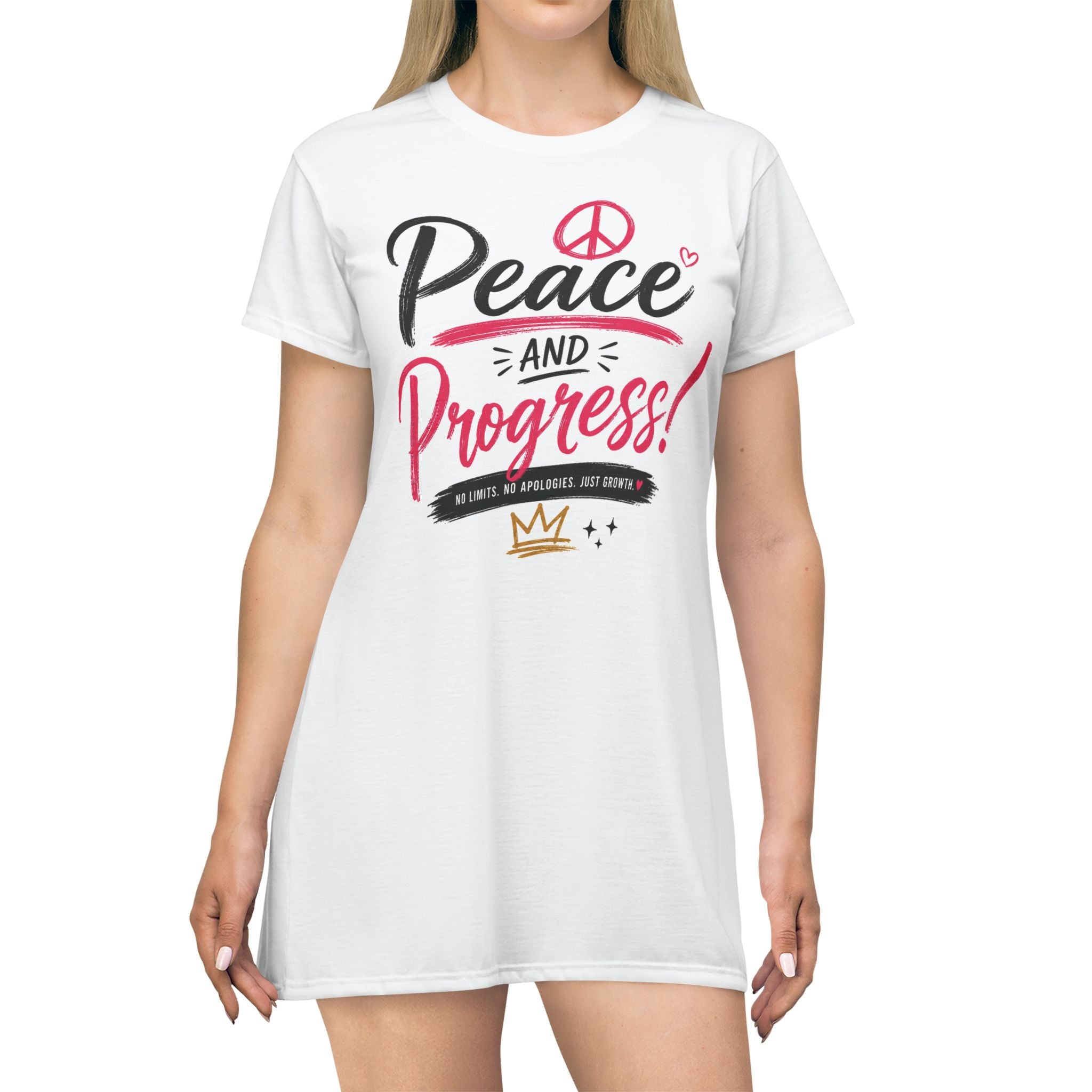 Peace and Progress T‑Shirt Dress — Women's Graphic Tee Dress with Inspirational Peace Design
