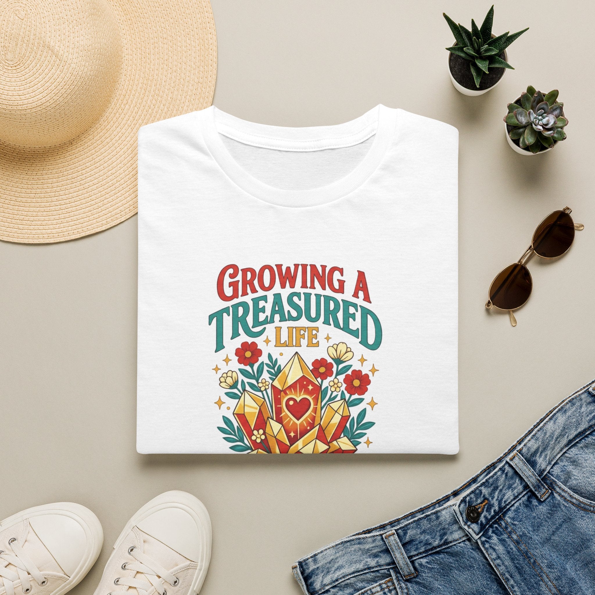 Growing a Treasured Life T-Shirt — Floral Heart & Gem Inspirational Tee