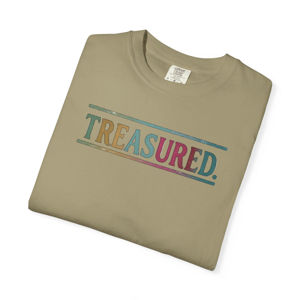 Treasured Garment-Dyed T-Shirt — Retro Color Block "TREASURED." Tee
