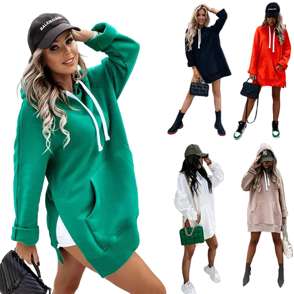 Women's Hoodie Sweatshirt Dress | Mid-Length with Side Splits & Pockets