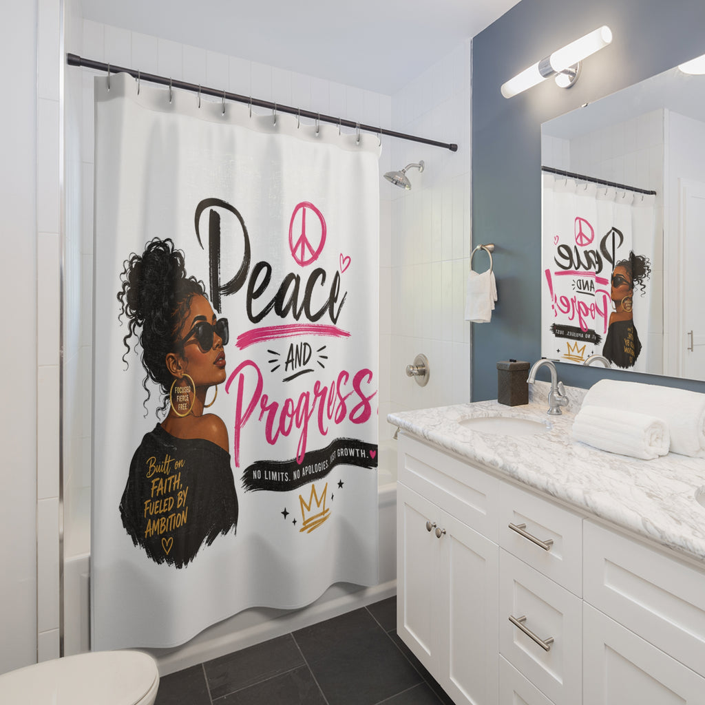 Shower Curtain — "Peace and Progress" Inspirational Afrocentric Bathroom Decor