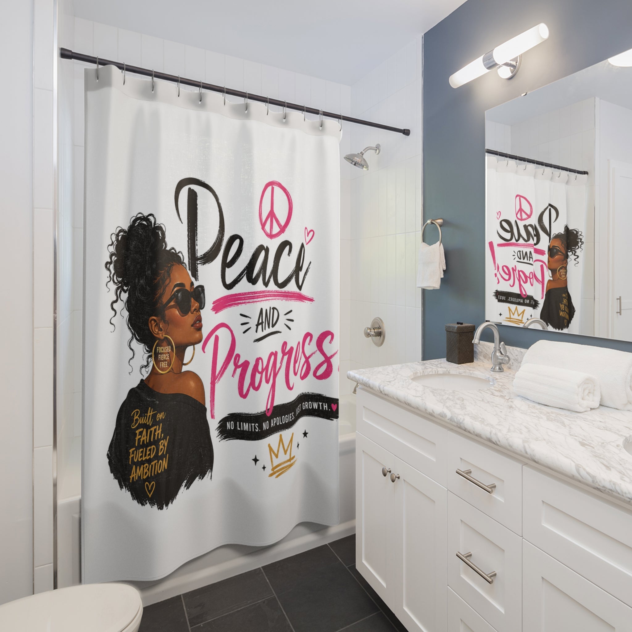 Shower Curtain — "Peace and Progress" Inspirational Afrocentric Bathroom Decor