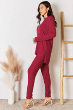 Basic Bae Full Size Ribbed Round Neck High-Low Slit Top and Pants Set thumbnail 3
