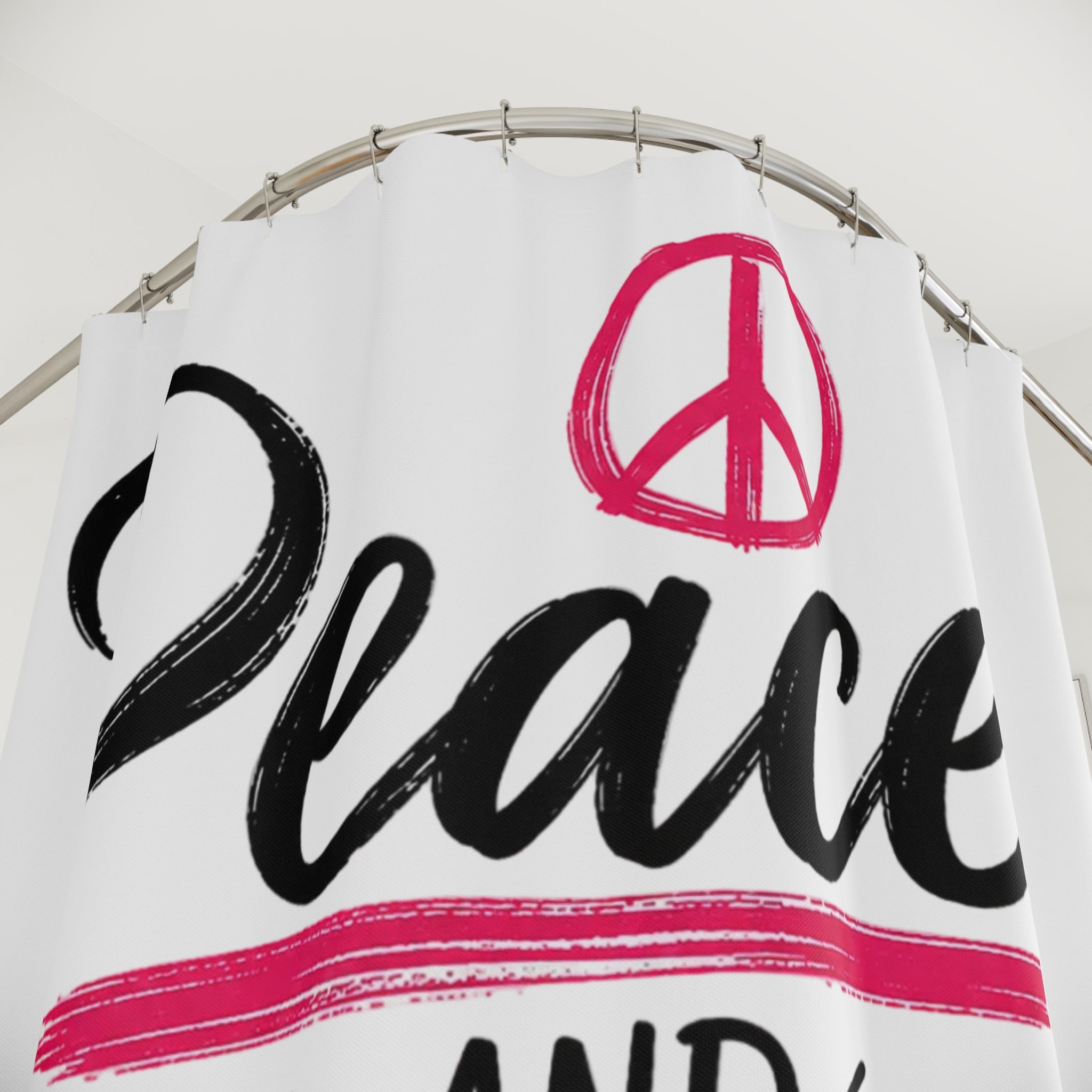 Peace and Progress Shower Curtain – Motivational Pink Peace Sign Bathroom Decor