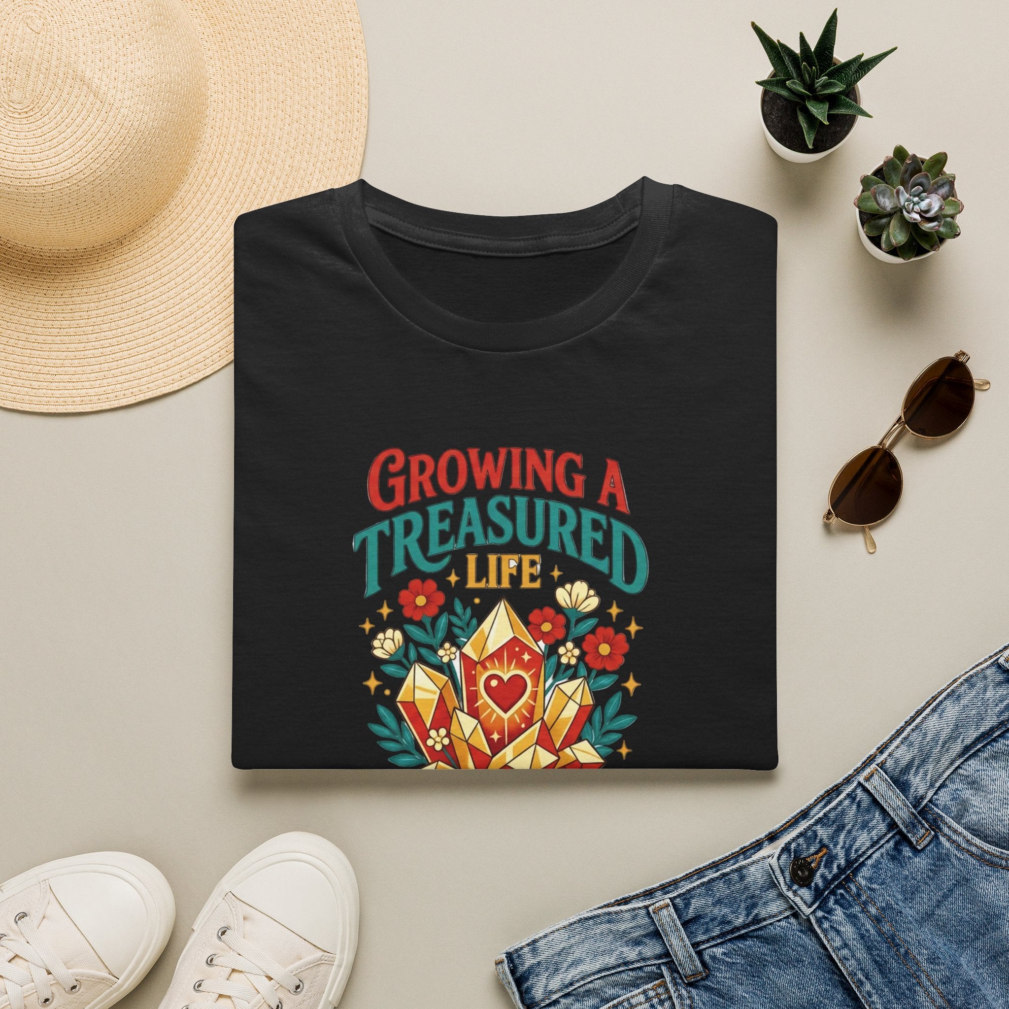 Growing a Treasured Life T-Shirt — Floral Heart & Gem Inspirational Tee