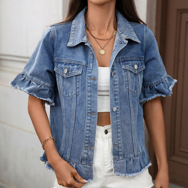 Washed American-style Chic WISH Fringed-hem Short-sleeve Denim Jacket