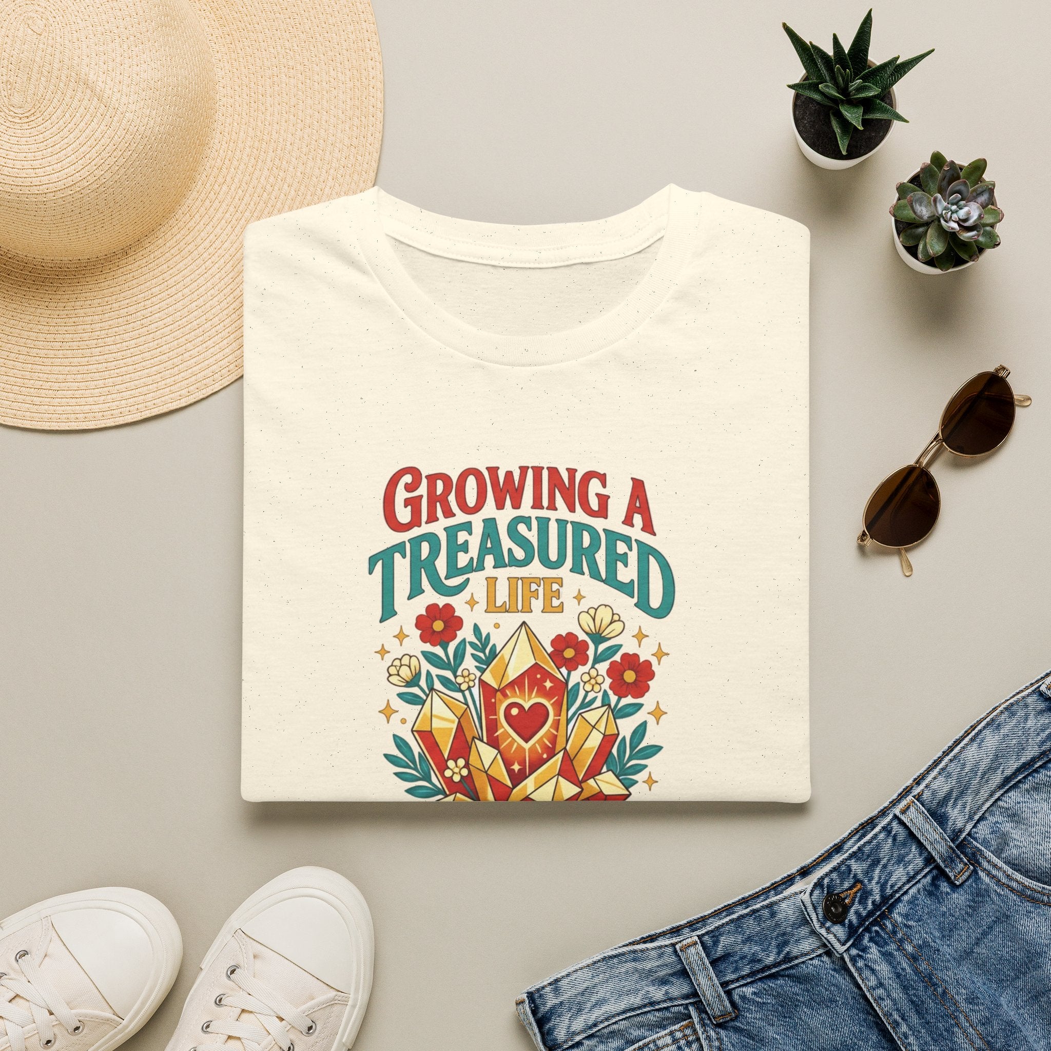 Growing a Treasured Life T-Shirt — Floral Heart & Gem Inspirational Tee