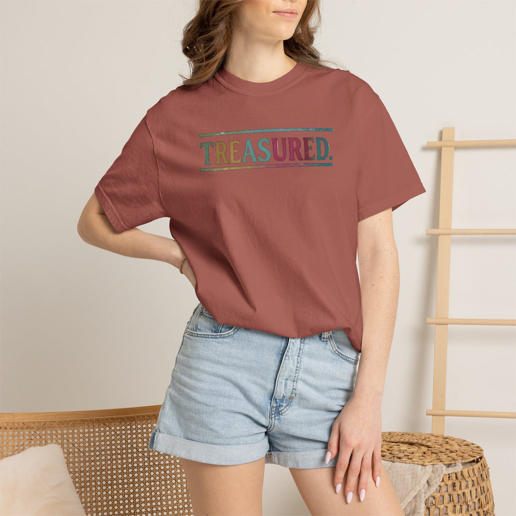 Treasured Garment-Dyed T-Shirt — Retro Color Block "TREASURED." Tee