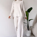 Turtleneck Knitted Suit Loose Split Design Long-sleeved Top And Straight Trousers Fashion Casual Solid Set Women's Clothing thumbnail 4