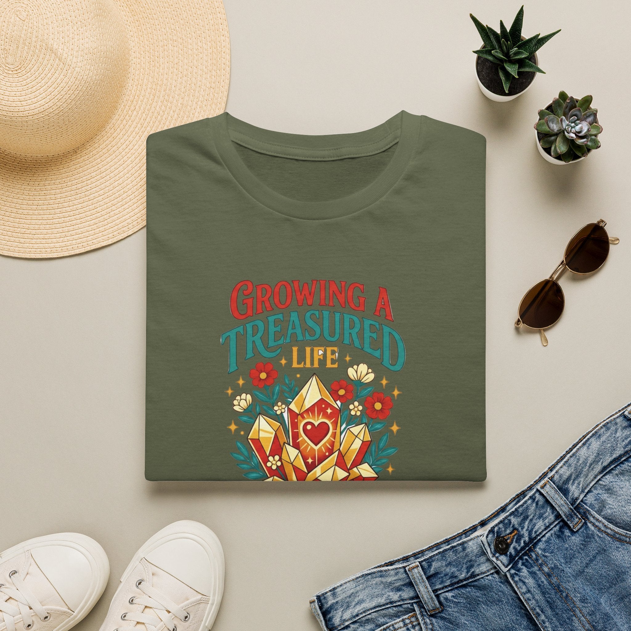 Growing a Treasured Life T-Shirt — Floral Heart & Gem Inspirational Tee