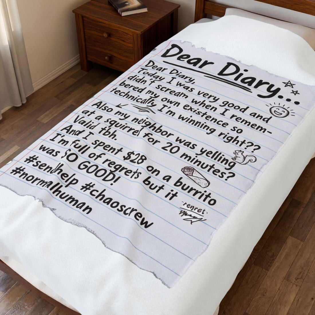 Plush Blanket — “Dear Diary” Funny Journal Note Throw