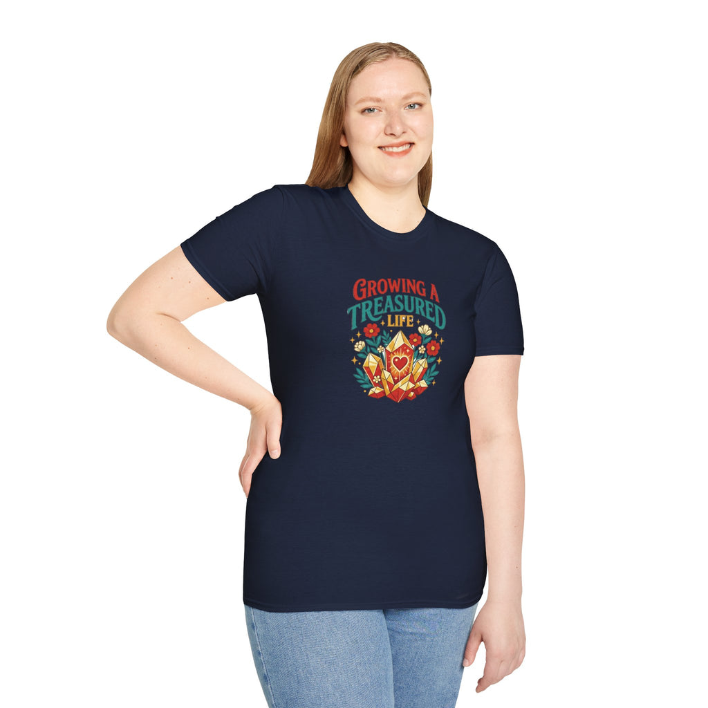 Growing a Treasured Life T-Shirt — Floral Heart & Gem Inspirational Tee