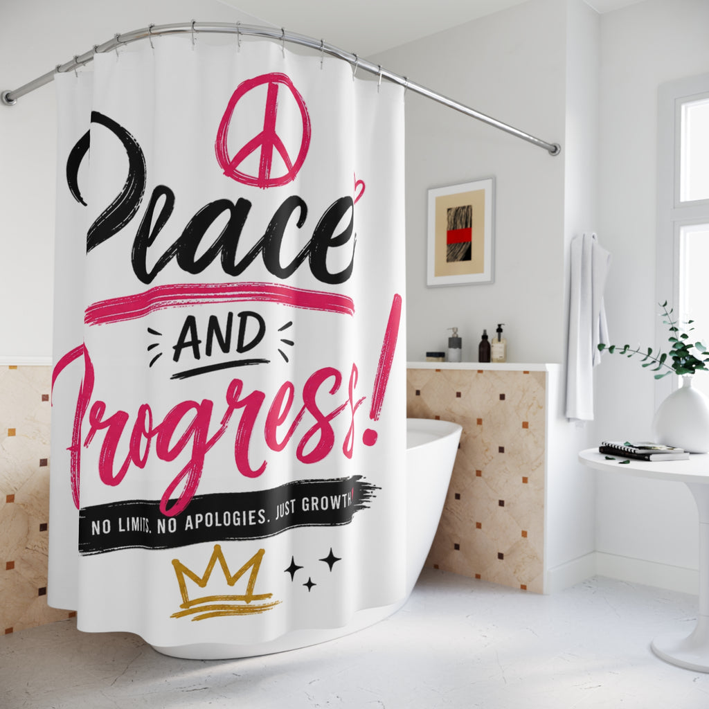 Peace and Progress Shower Curtain – Motivational Pink Peace Sign Bathroom Decor