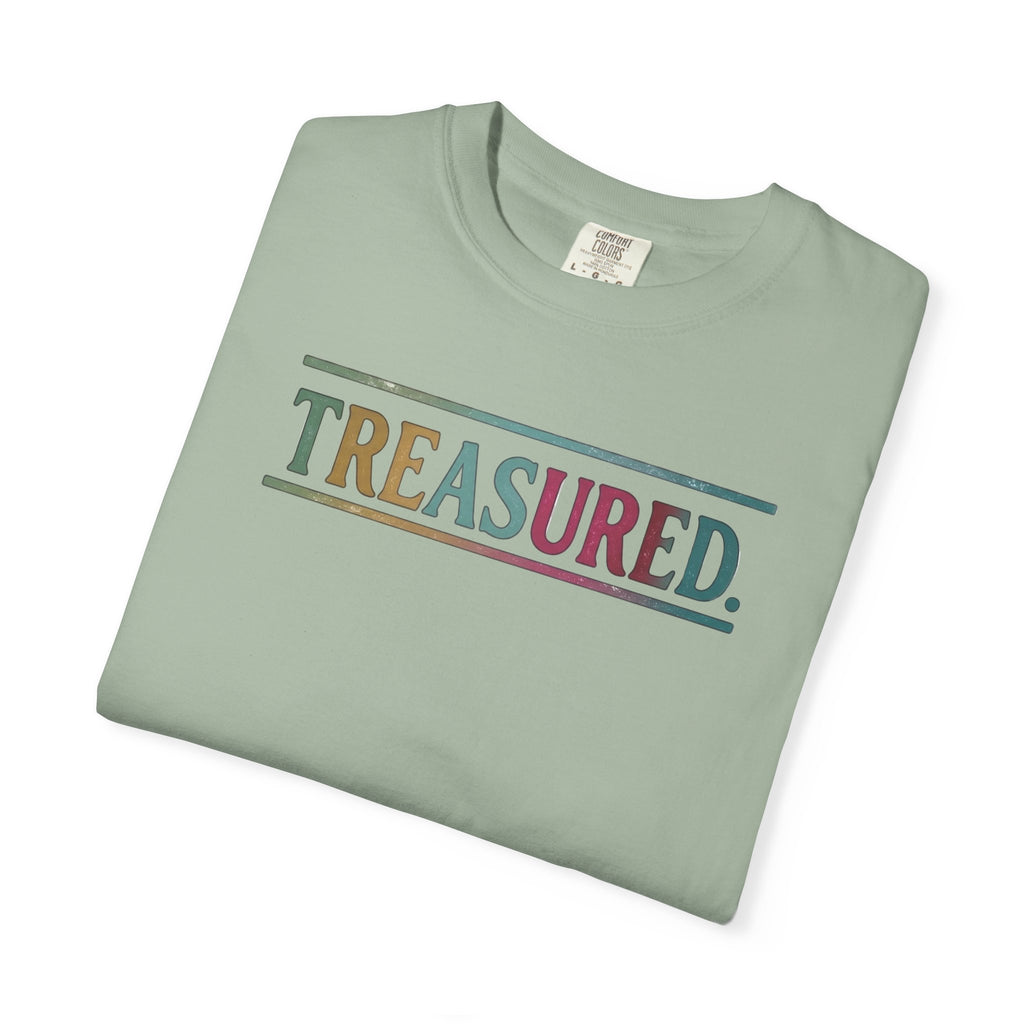 Treasured Garment-Dyed T-Shirt — Retro Color Block "TREASURED." Tee