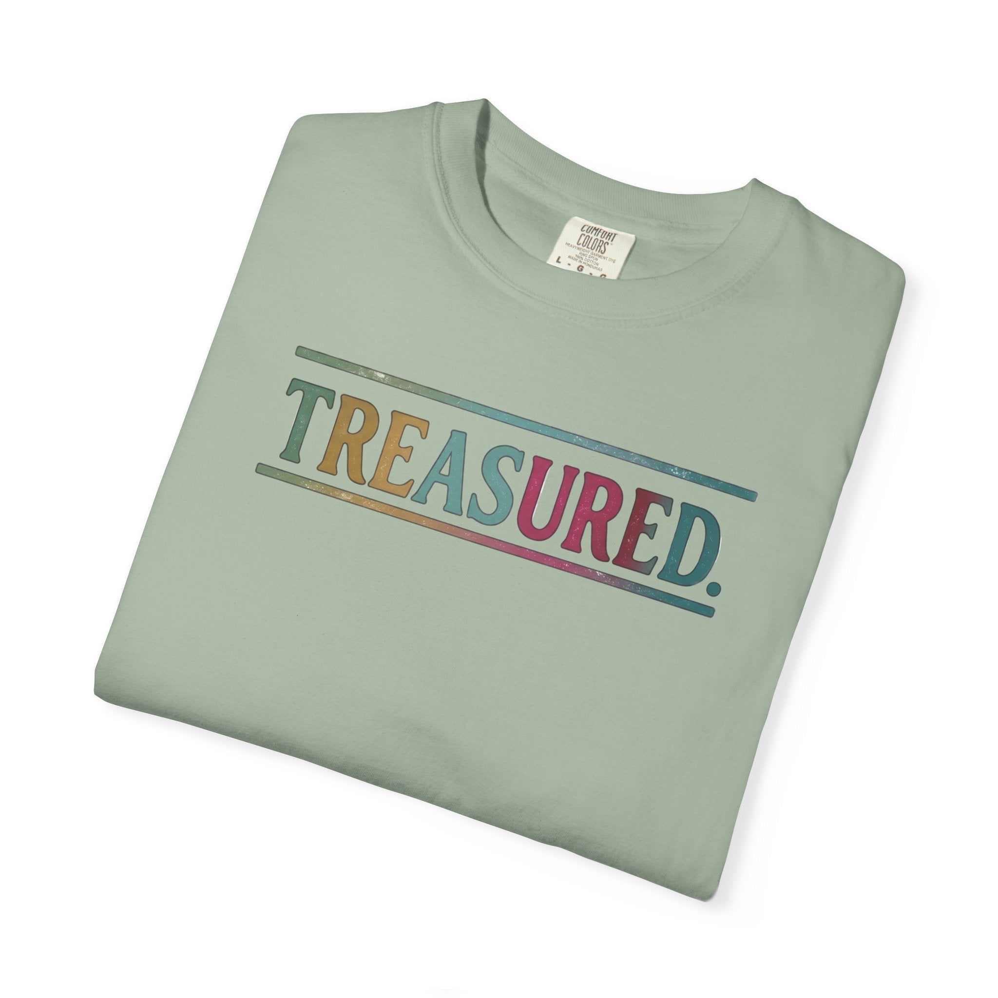 Treasured Garment-Dyed T-Shirt — Retro Color Block "TREASURED." Tee