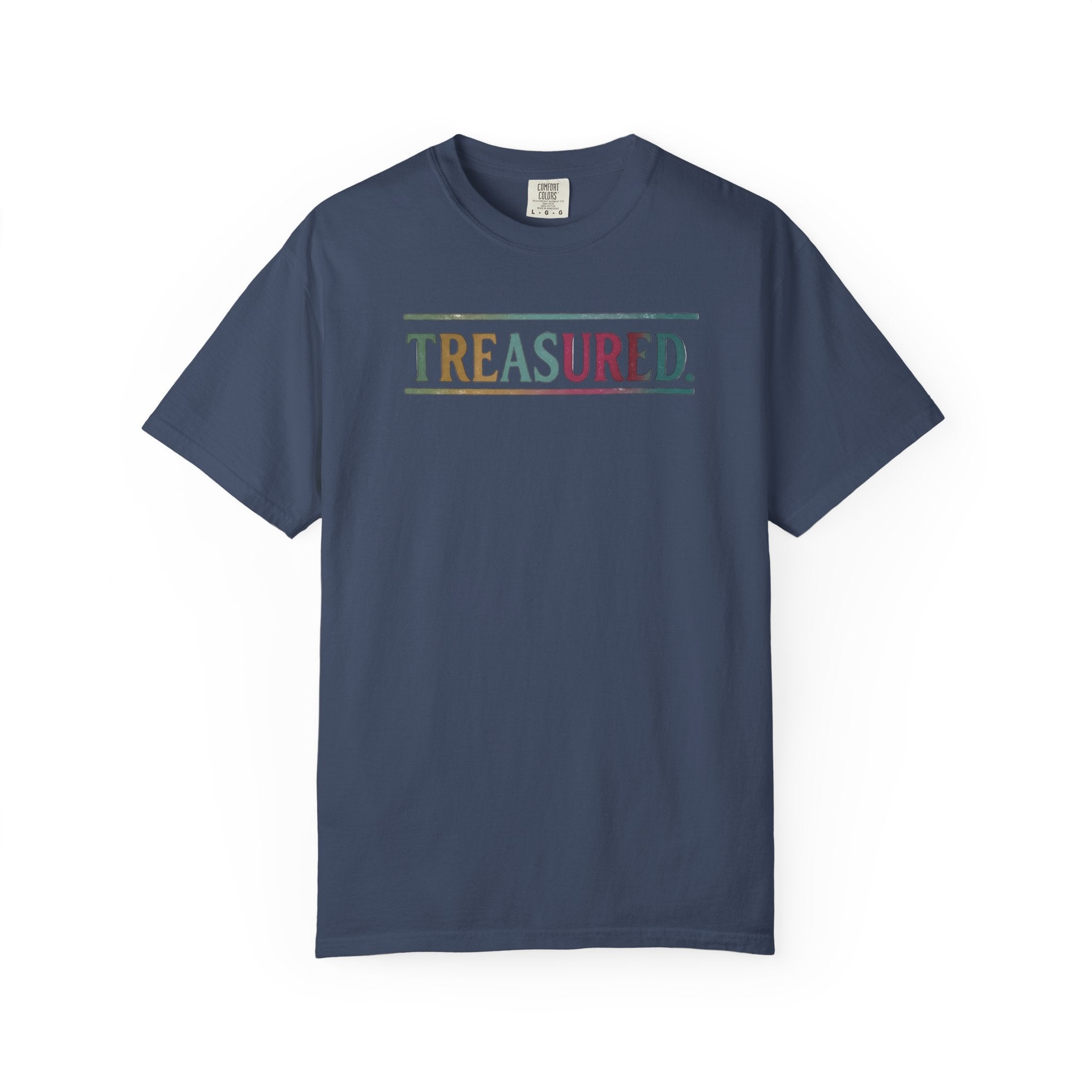 Treasured Garment-Dyed T-Shirt — Retro Color Block "TREASURED." Tee