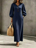 Women's Puff Sleeve V-Neck Maxi Dress | A-Line Button Detail thumbnail 12