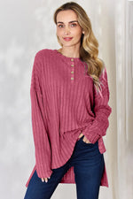 Basic Bae Full Size Ribbed Half Button Long Sleeve High-Low T-Shirt thumbnail 16