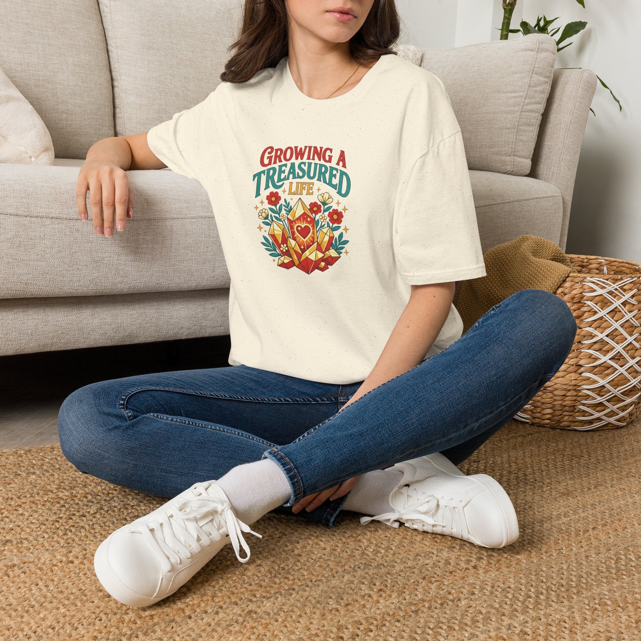 Growing a Treasured Life T-Shirt — Floral Heart & Gem Inspirational Tee