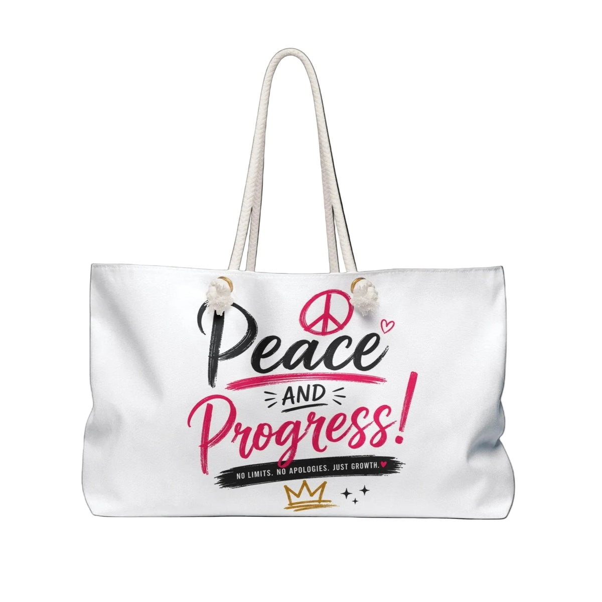 A white canvas tote bag with white rope handles, featuring a graphic print on the front that reads 'Peace and Progress!' in black and pink lettering, with a peace sign, small heart, and a gold crown.