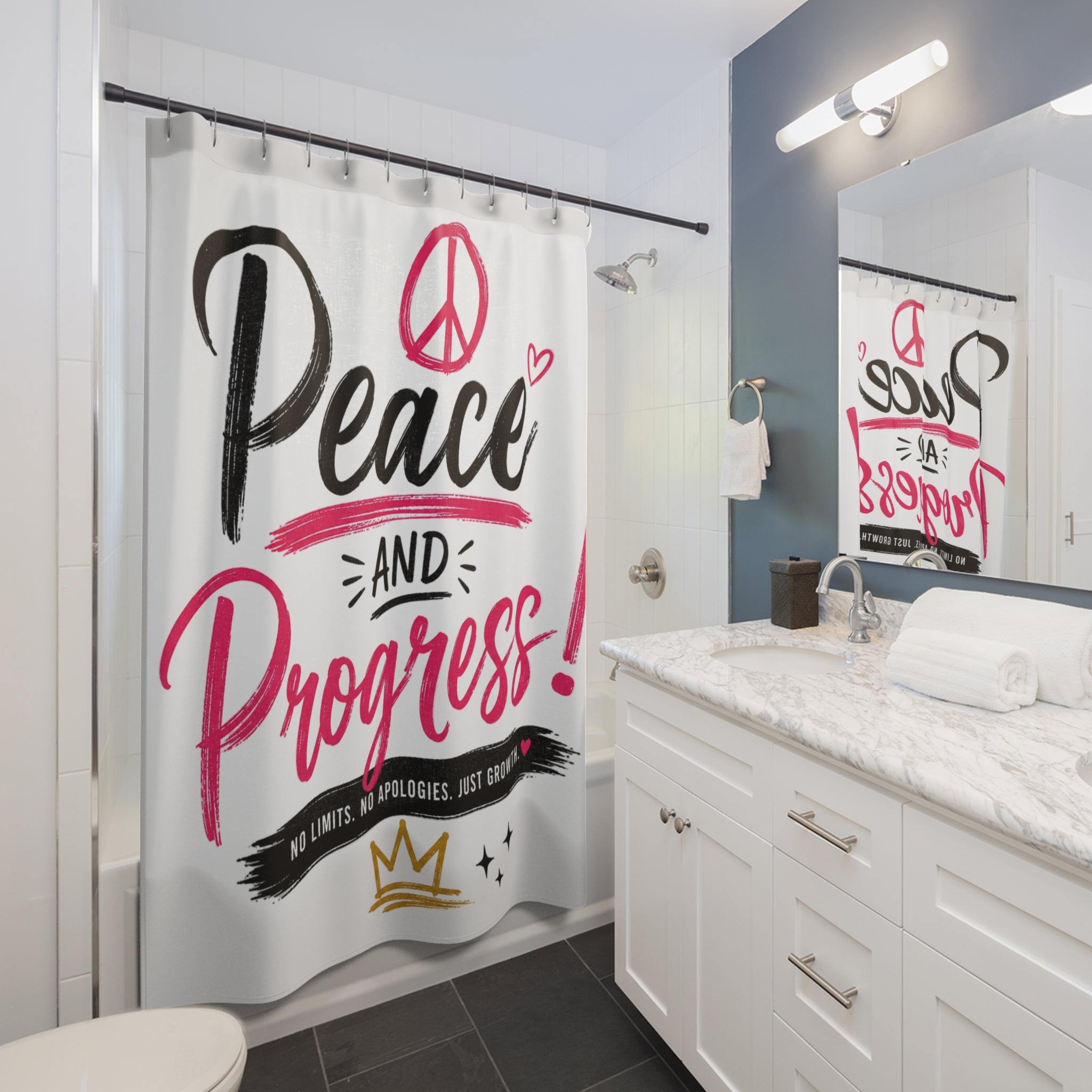 Peace and Progress Shower Curtain – Motivational Pink Peace Sign Bathroom Decor
