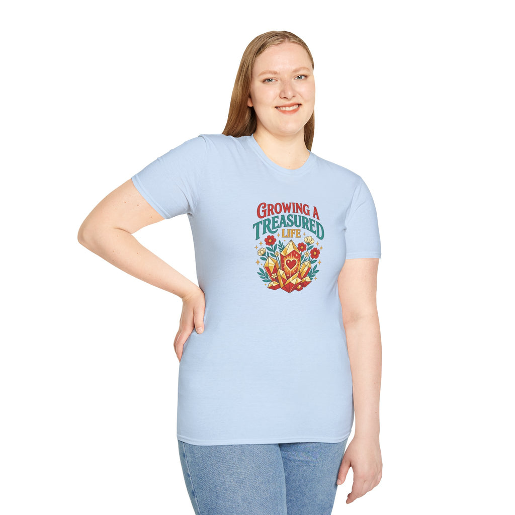 Growing a Treasured Life T-Shirt — Floral Heart & Gem Inspirational Tee