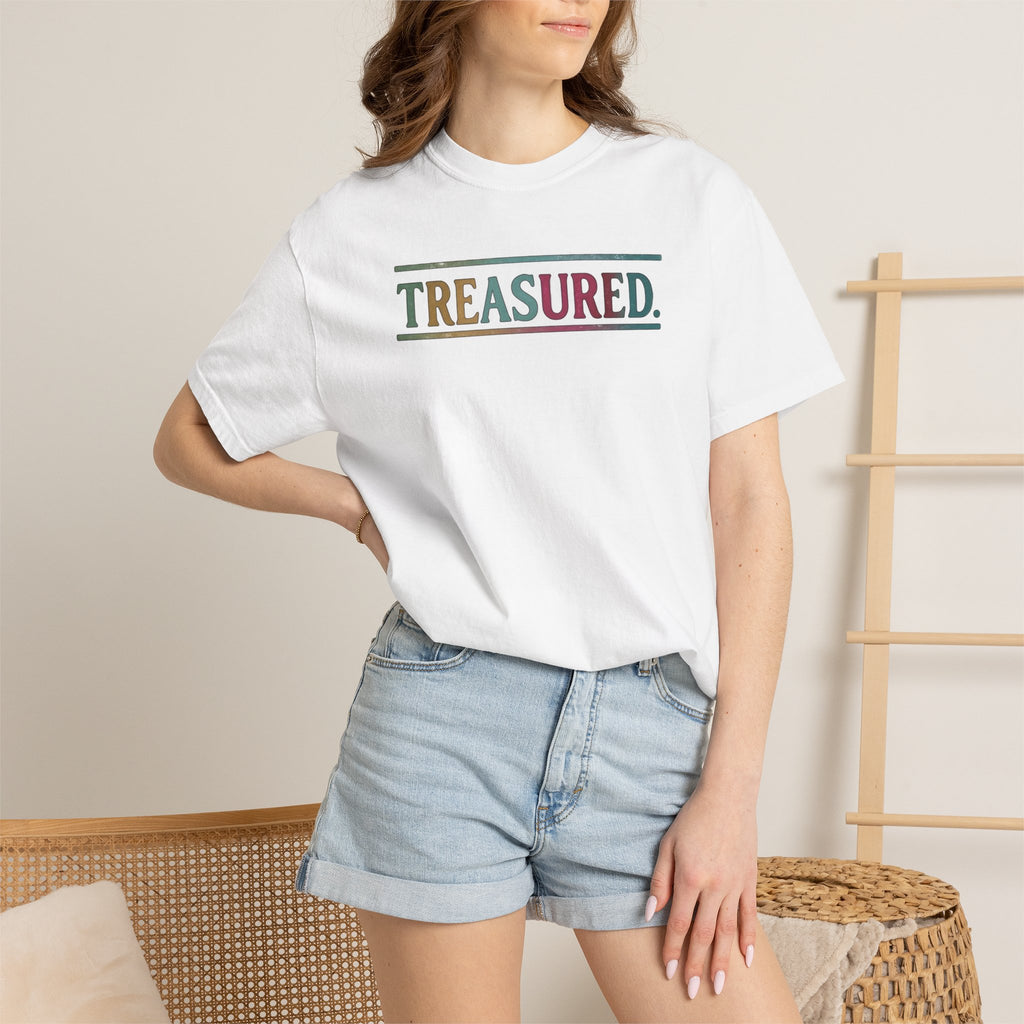 Treasured Garment-Dyed T-Shirt — Retro Color Block "TREASURED." Tee