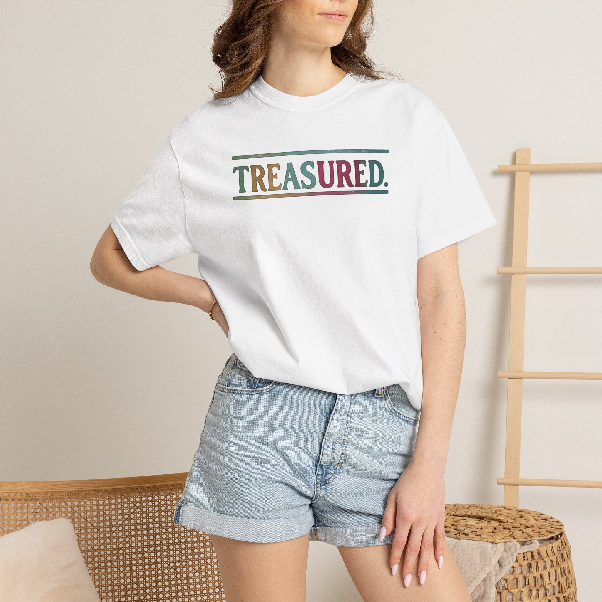 Treasured Garment-Dyed T-Shirt — Retro Color Block "TREASURED." Tee