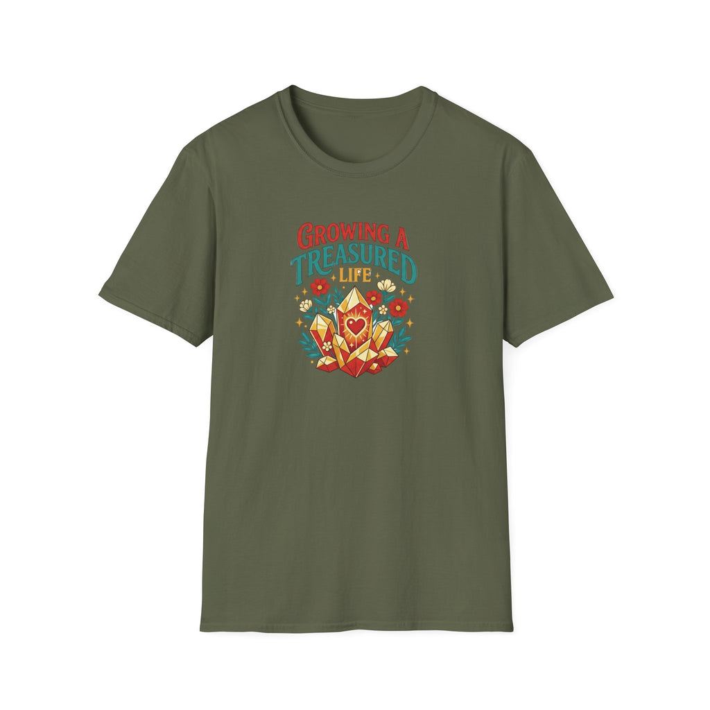 Growing a Treasured Life T-Shirt — Floral Heart & Gem Inspirational Tee