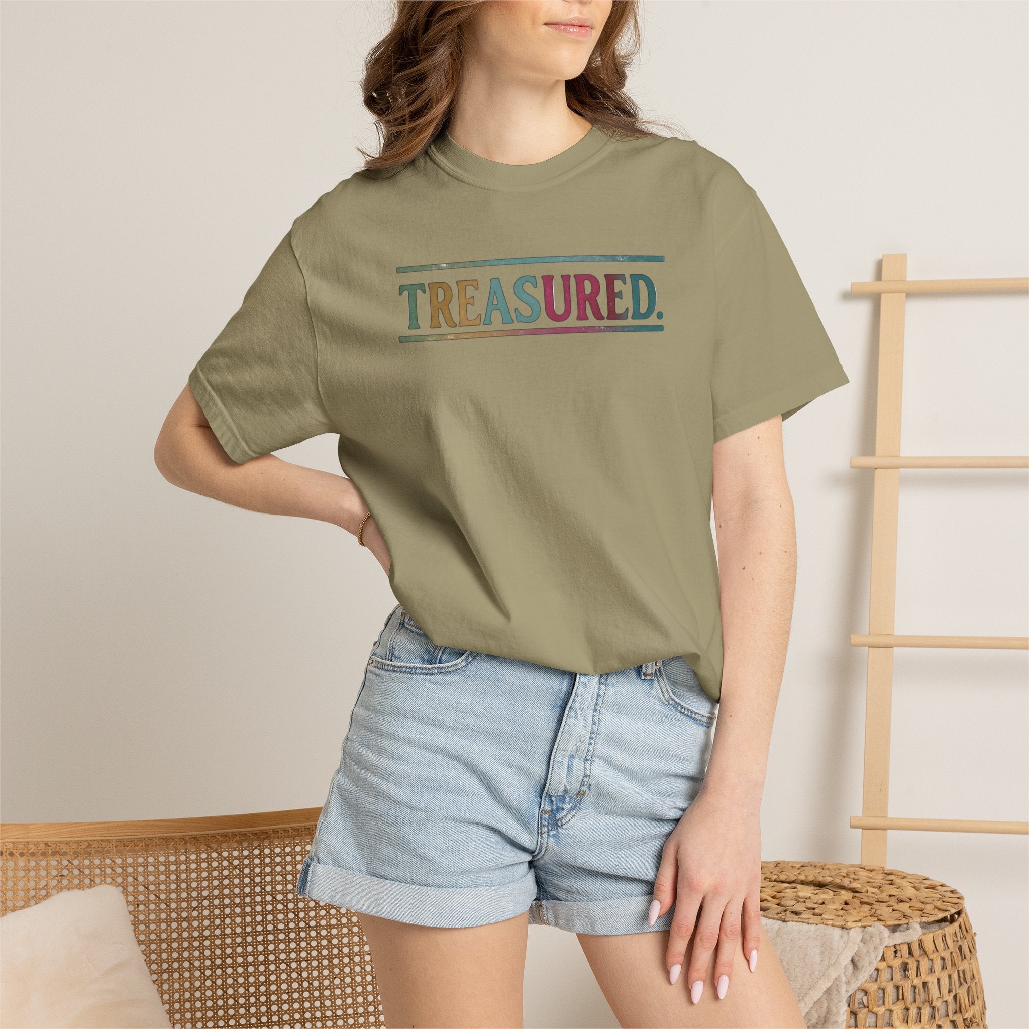 Treasured Garment-Dyed T-Shirt — Retro Color Block "TREASURED." Tee