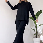 Turtleneck Knitted Suit Loose Split Design Long-sleeved Top And Straight Trousers Fashion Casual Solid Set Women's Clothing thumbnail 5