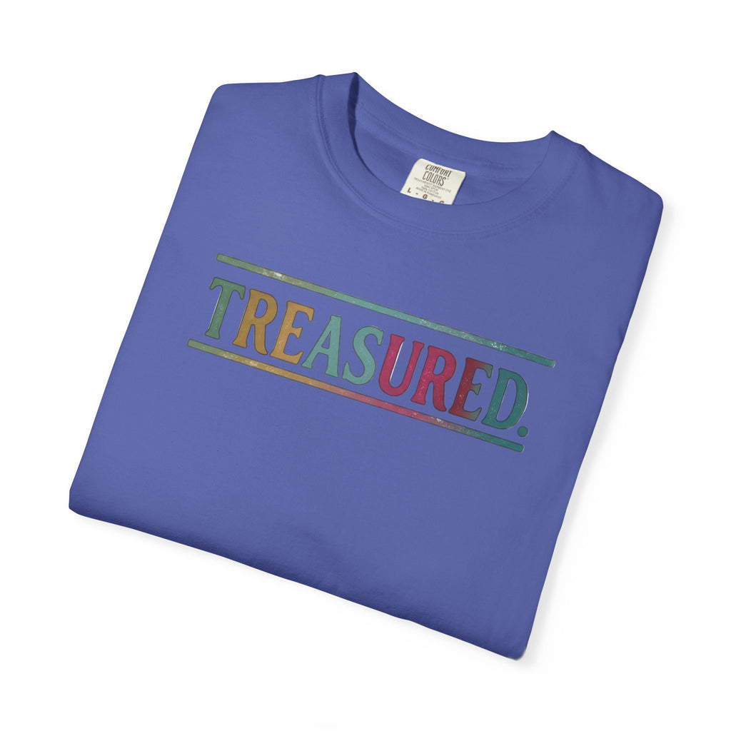 Treasured Garment-Dyed T-Shirt — Retro Color Block "TREASURED." Tee