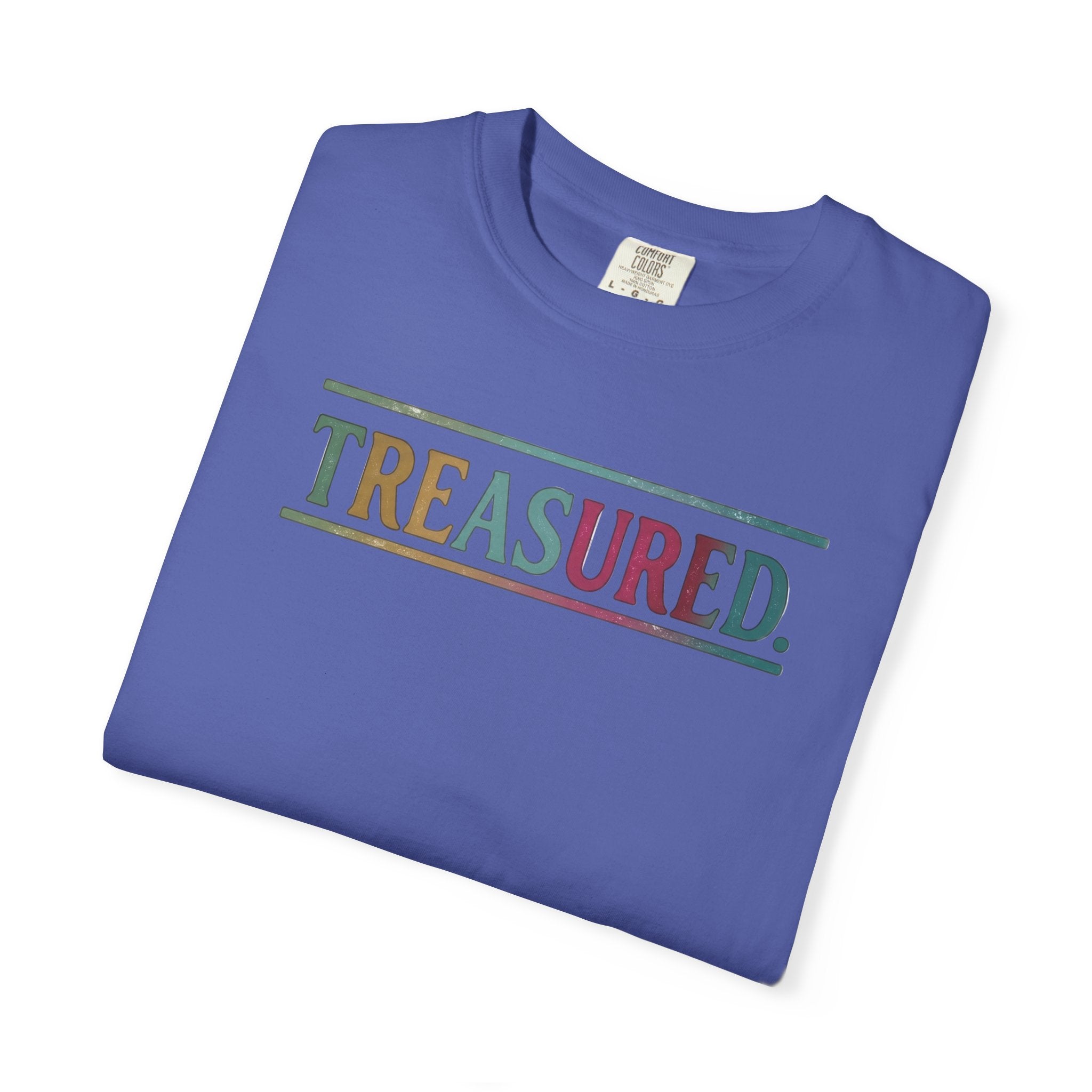 Treasured Garment-Dyed T-Shirt — Retro Color Block "TREASURED." Tee
