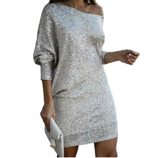Fashion Oblique Shoulder Sequins Dress Ins Long-sleeved Dresses For Party Women's Clothing