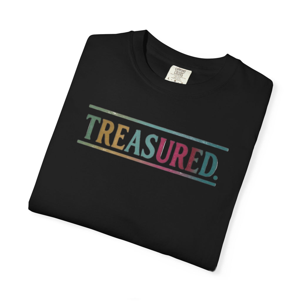Treasured Garment-Dyed T-Shirt — Retro Color Block "TREASURED." Tee