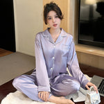 Women's Ice Silk Satin Pajama Set | Notch Collar Long Sleeve Top + Trousers | Loungewear thumbnail 4