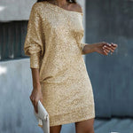 Fashion Oblique Shoulder Sequins Dress Ins Long-sleeved Dresses For Party Women's Clothing thumbnail 11