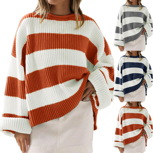 Women's Striped Batwing Sleeve Pullover Sweater | Oversized Round Neck Knit Top