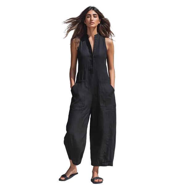 Sleeveless V-Neck Jumpsuit with Pockets — Wide Leg