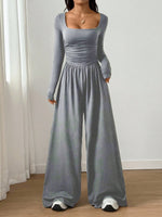 Square Neck Wide Leg Jumpsuit – Long Sleeve A-Line Loose Fit thumbnail 9