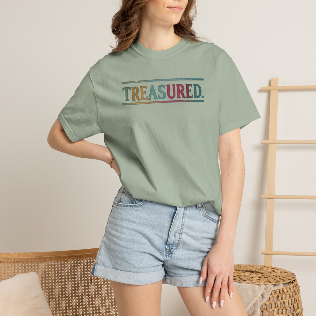 Treasured Garment-Dyed T-Shirt — Retro Color Block "TREASURED." Tee